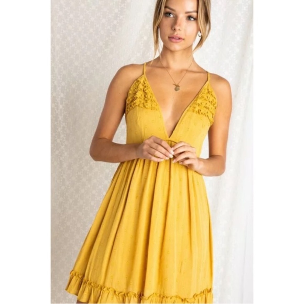SOLD OUT Mustard Swiss Polka Dot Ruffle V-Neck Mini Dress - Picture 3 of 6